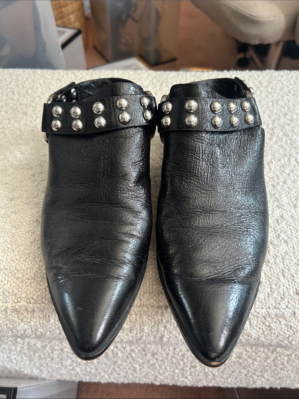 Rebecca Minkoff Black Leather Studded Slip-On Mules